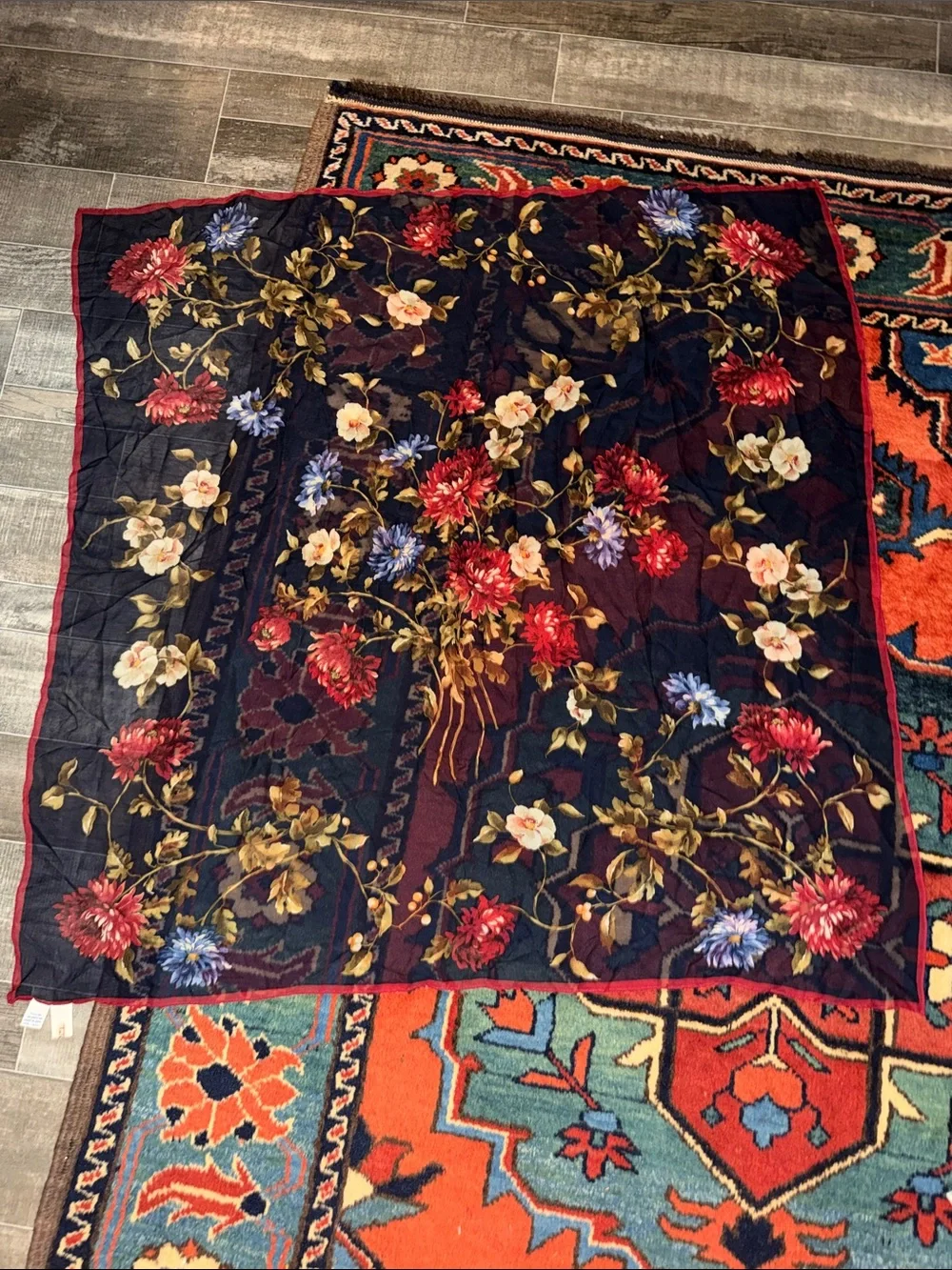 Vintage Talbots 100% Silk Square Scarf Black Floral Bouquet 34